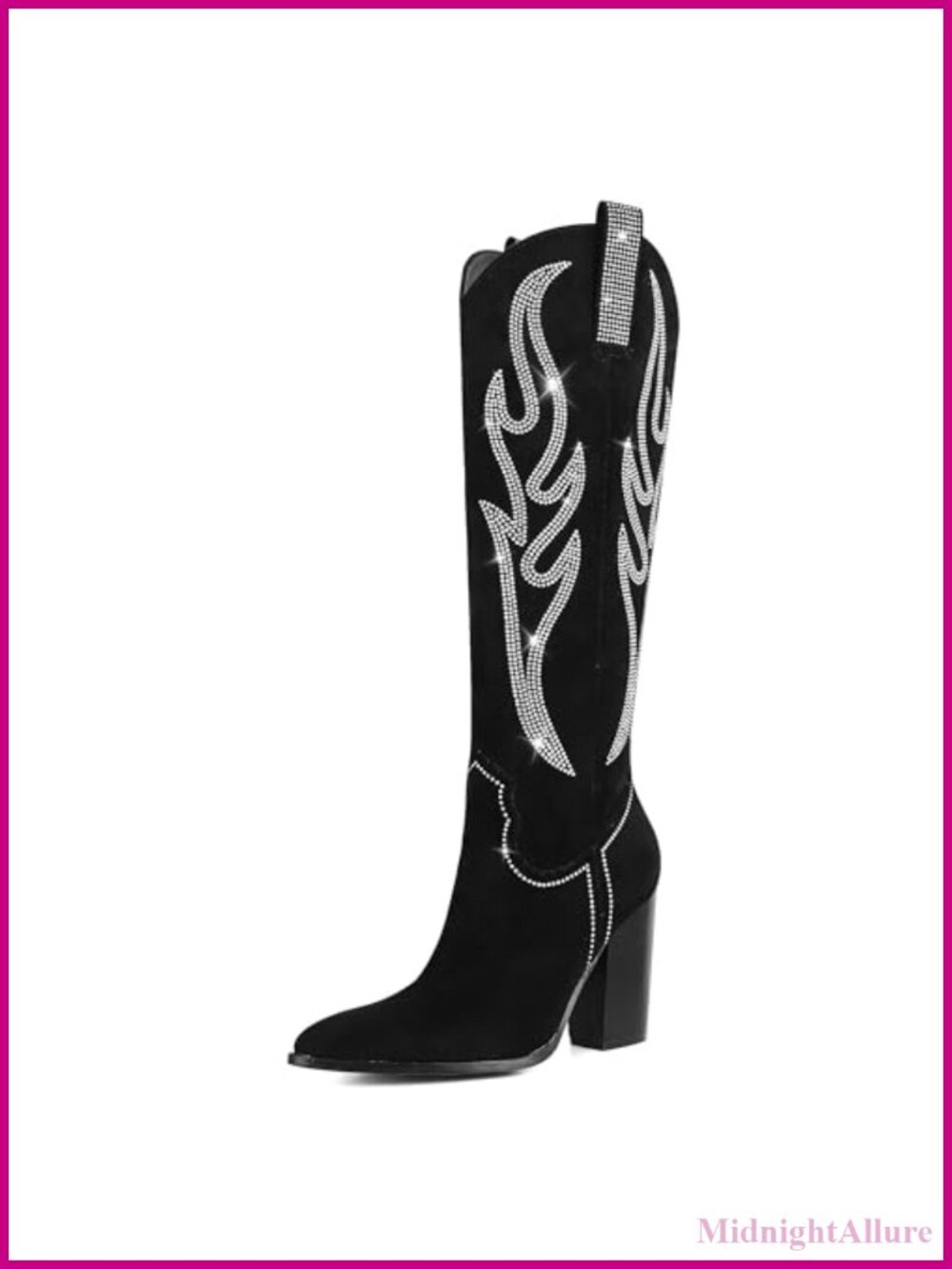 Embroidered Rhinestone Cowboy Boots Knee High Chunky Heel Western Boots